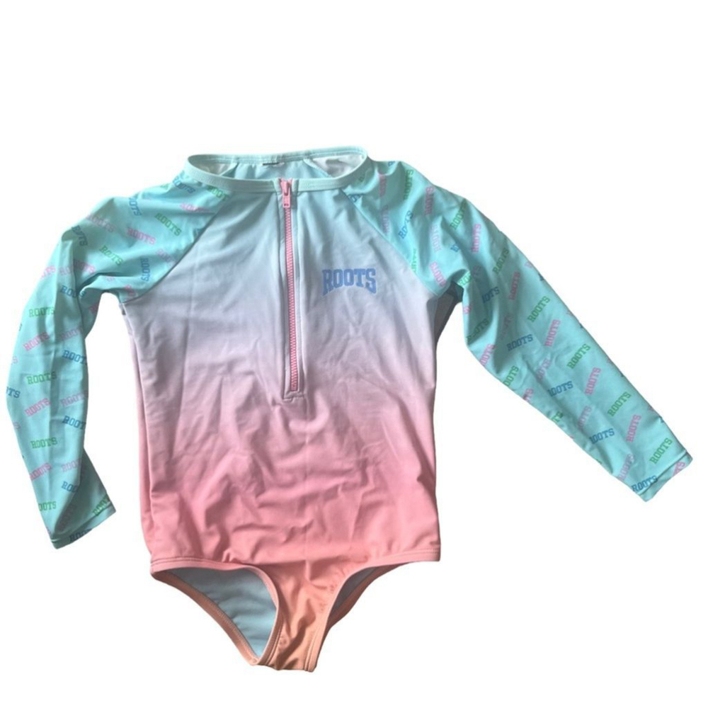 Roots | Girl's Long Sleeve One Piece Bathing Suit | Blue & Pink | Size 14